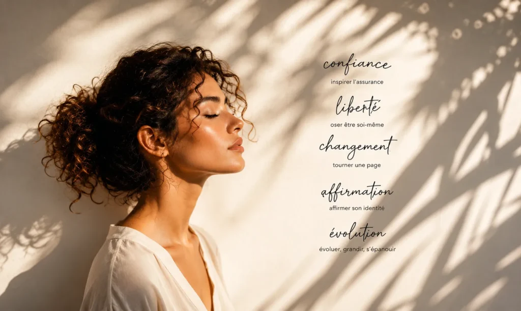 Profile of a woman with closed eyes in warm sunlight; vertical list of French empowerment words: confiance, liberté, changement, affirmation, évolution.