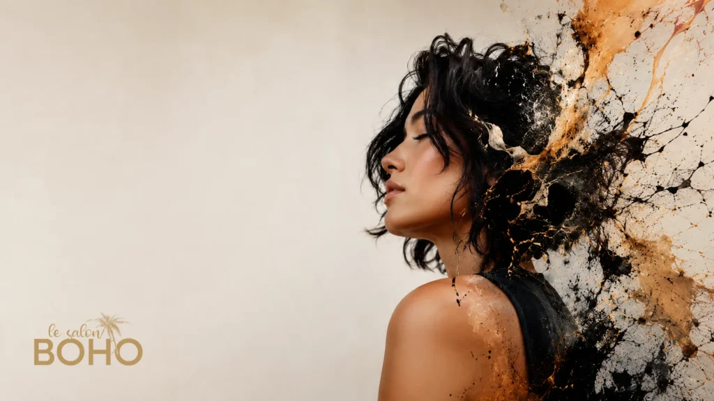 Profile portrait of a woman with black hair, facing left, with an abstract paint splash erupting from her head against a beige background; 'le salon BOHO' logo bottom left.